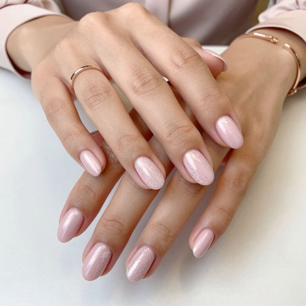 Glossy Baby Pink Chrome Layered Over Delicate Lace Stencils