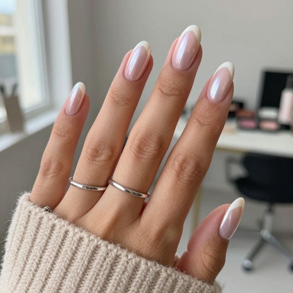 Pearl Pink Chrome Nails With Subtle Chevron Accents