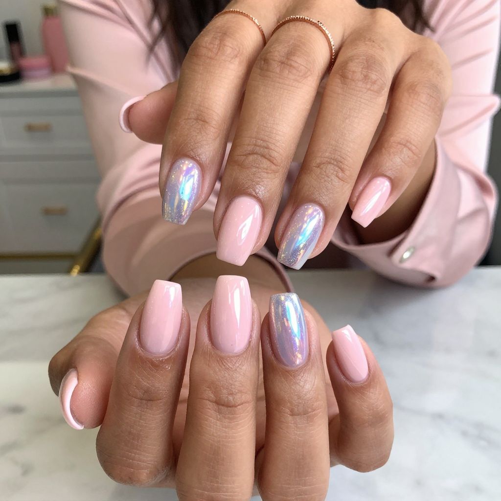Multi-Chrome Baby Pink Nails With Reflective Holographic Tips