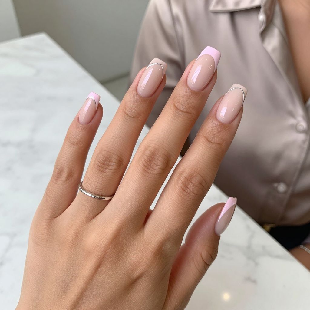 Chrome Baby Pink French Tips With Delicate Metallic Lines