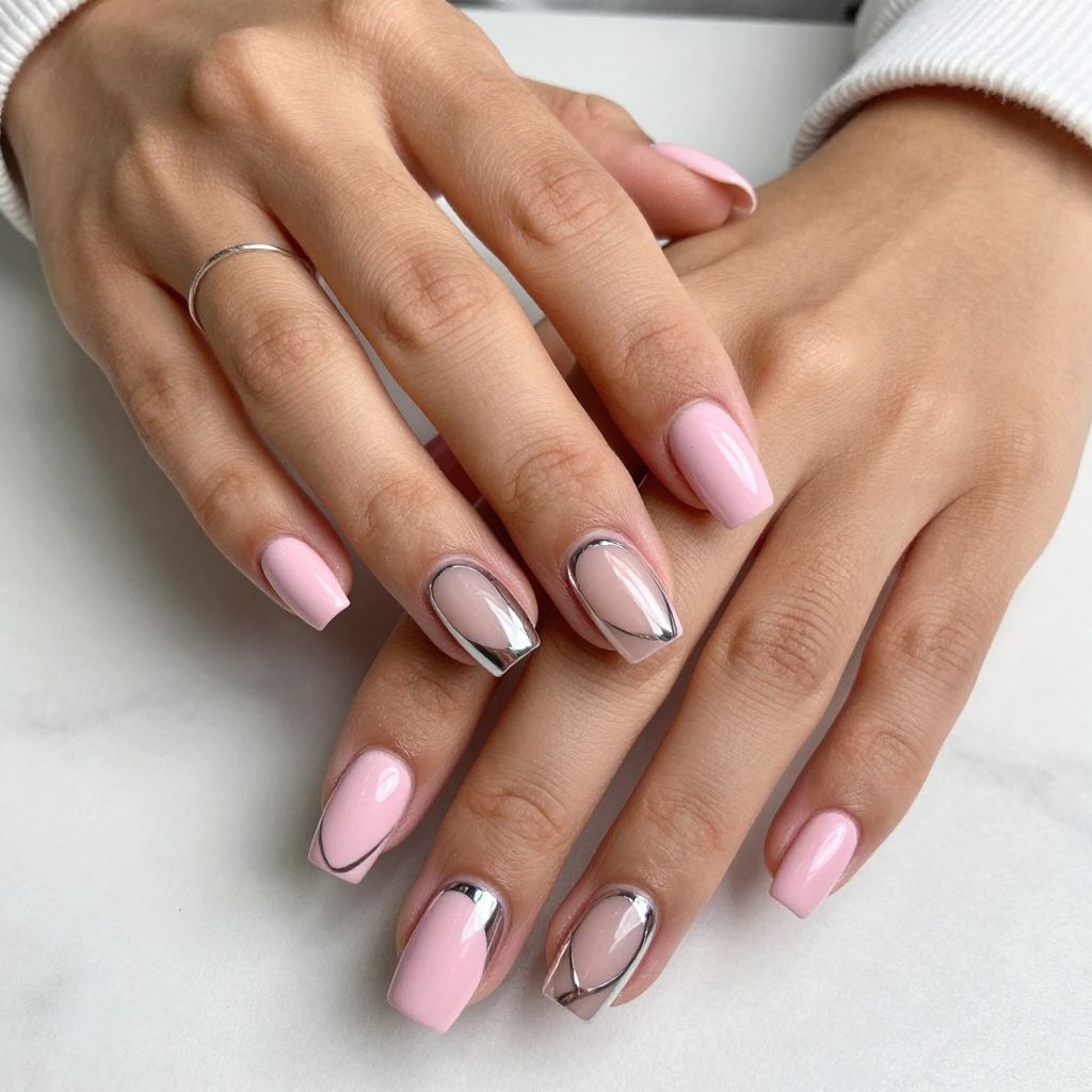 Baby Pink Chrome Negative Space With Sharp Accent Cut Out