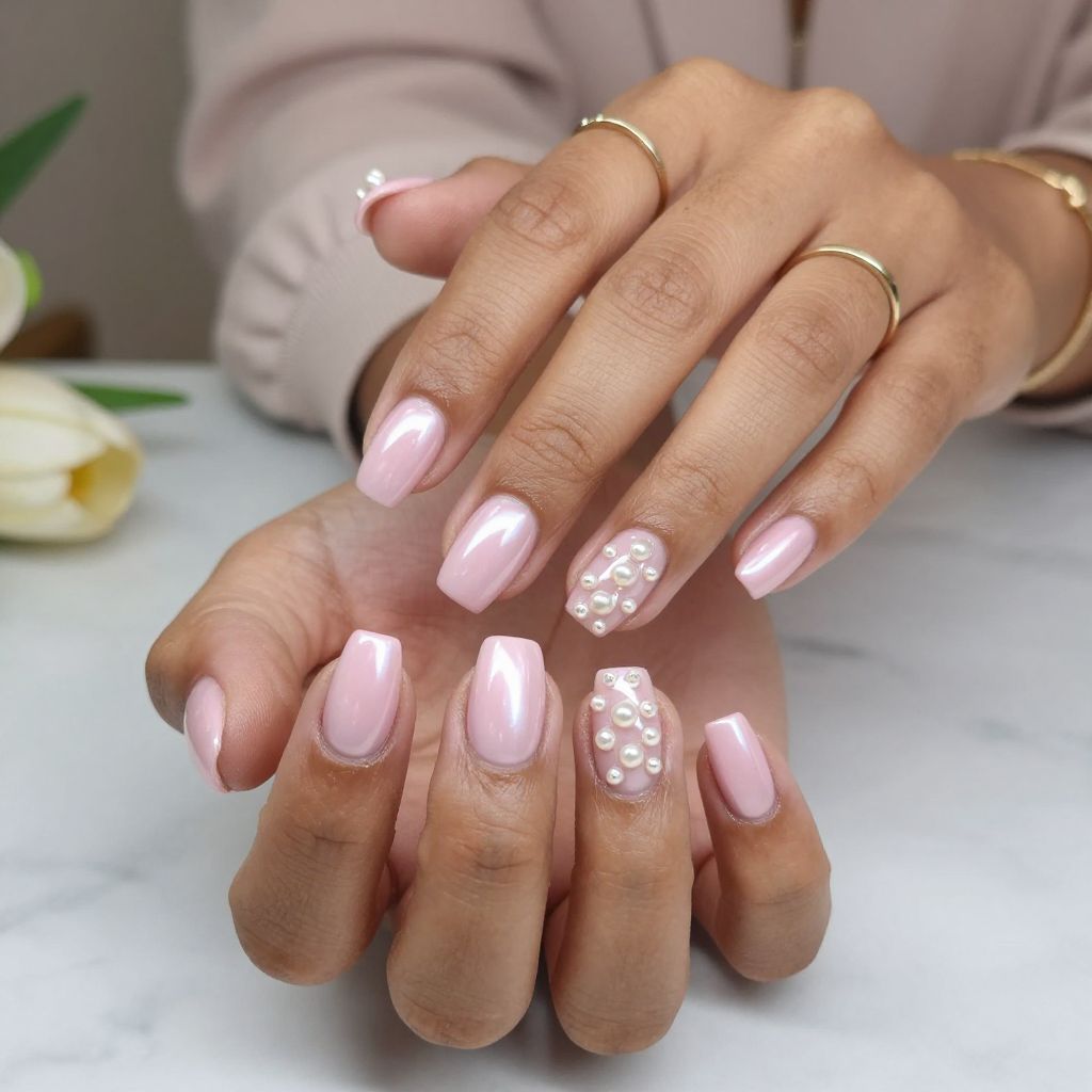Baby Pink Chrome Nails Enhanced With Pearl Embellishments