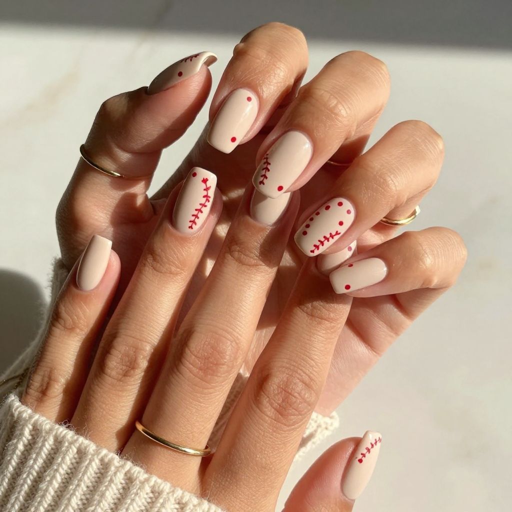 Baseball Inspired Nude Tones with Red Dots