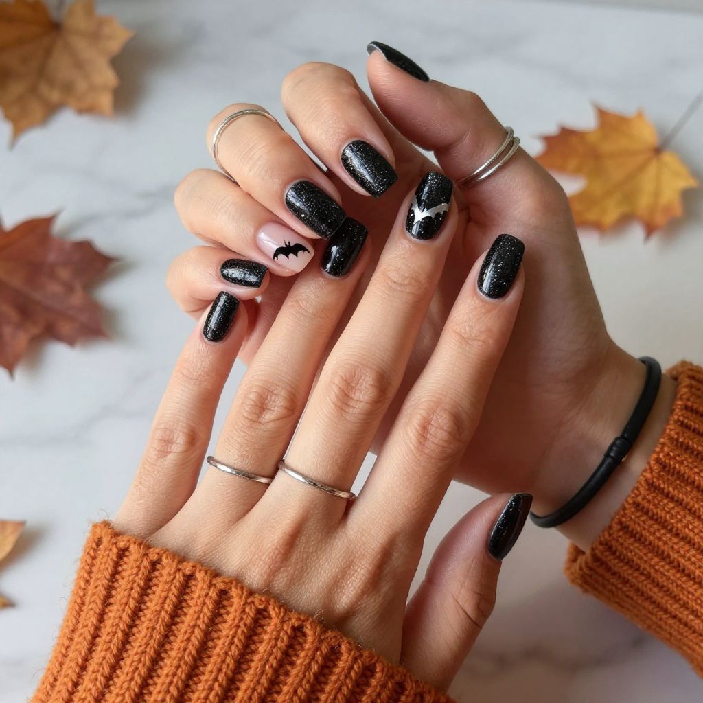 Glittery Bat Party Nails