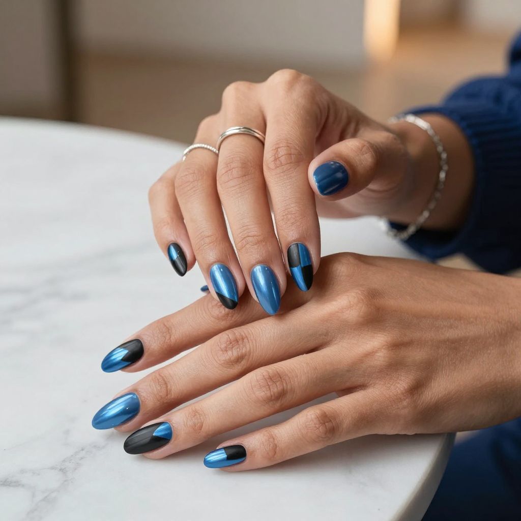 Steel Blue Almonds with Matte Black Geometric Tips