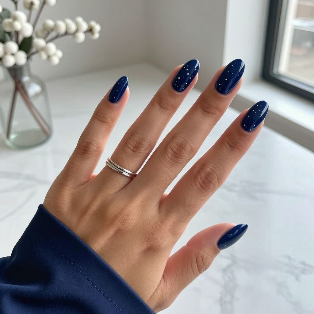 Navy Almond Nails with Starry Sky Dots