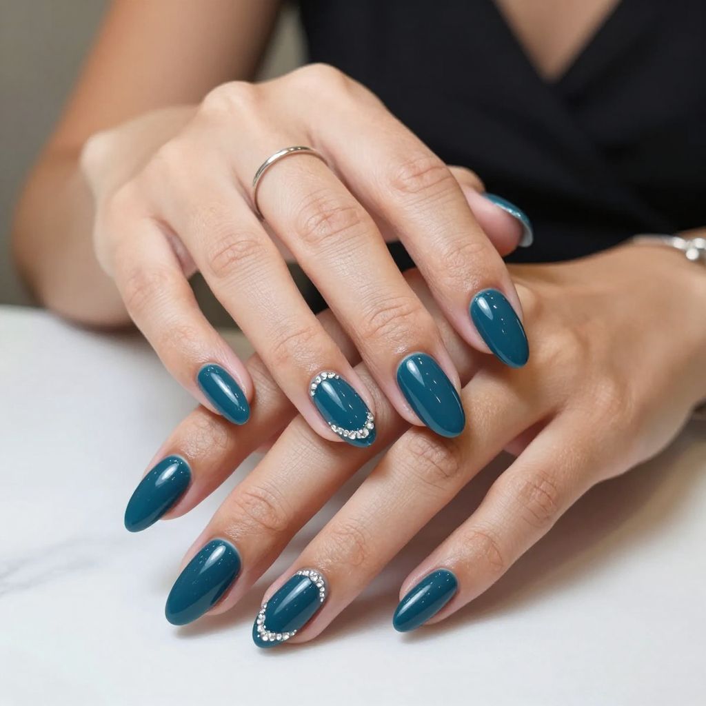Glossy Teal Almonds with Crystal Tips