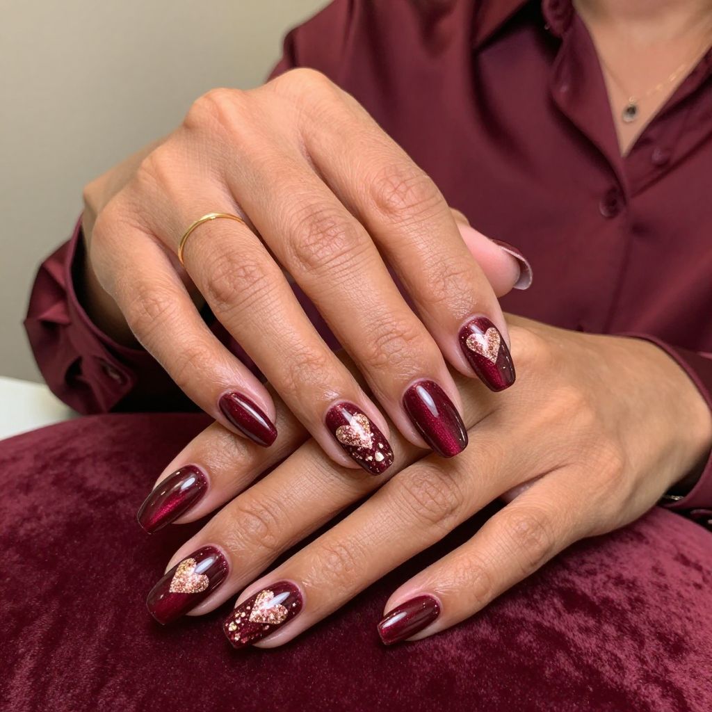 Burgundy Velvet with Glitter Hearts