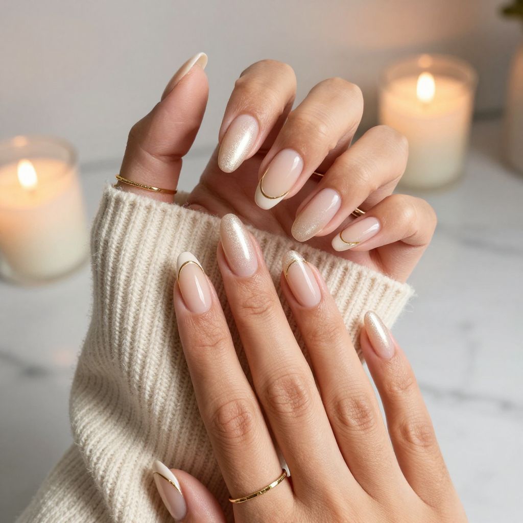 Pearly Champagne Tips with Delicate Gold Lines