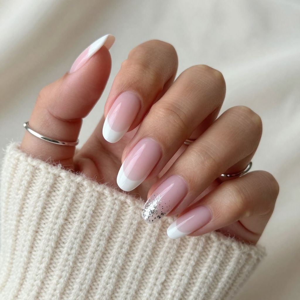 Frosted Pink Ombre Tips with Silver Glitter
