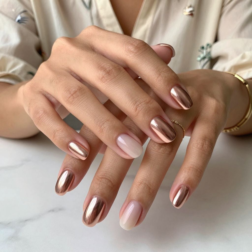 Rose Gold Chrome with Bare Nails Accent