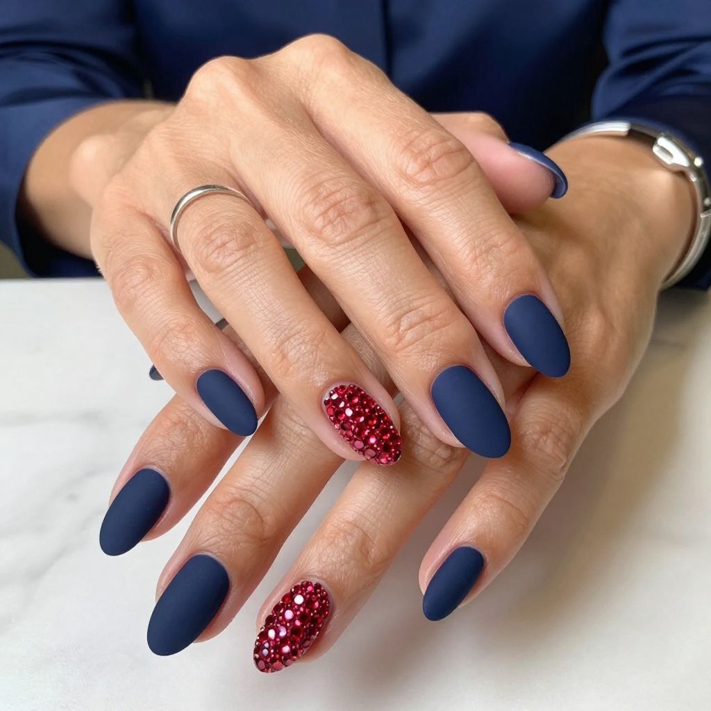 Navy Blue Matte with Red Rhinestone Cluster