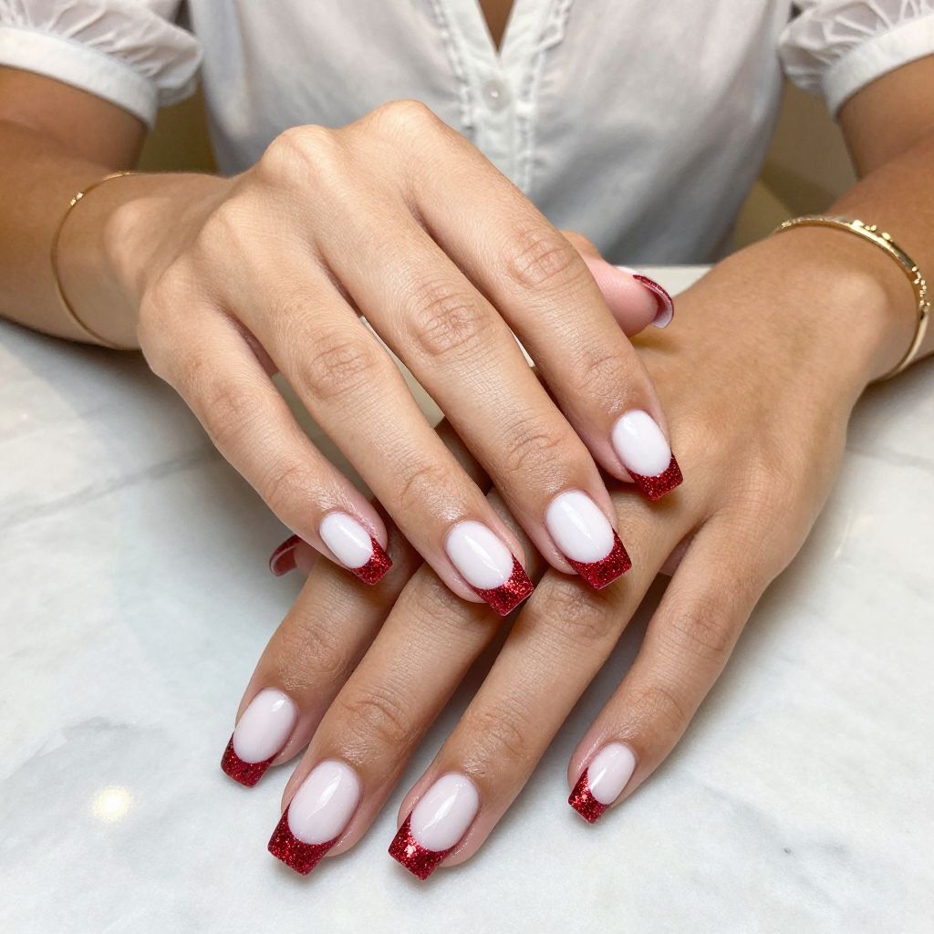 Red Glitter French Tips with White Base