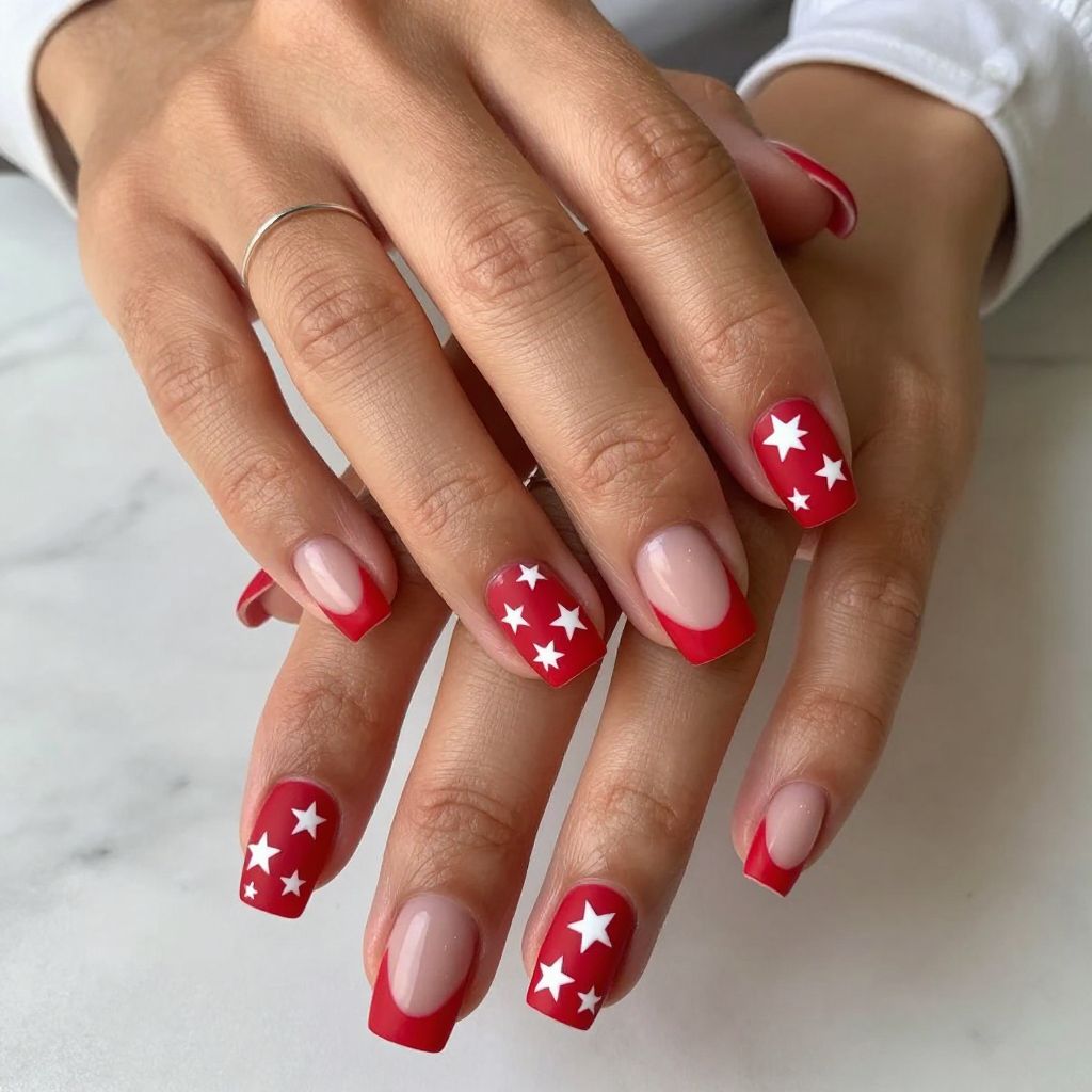Cherry Red French with White Star Tips