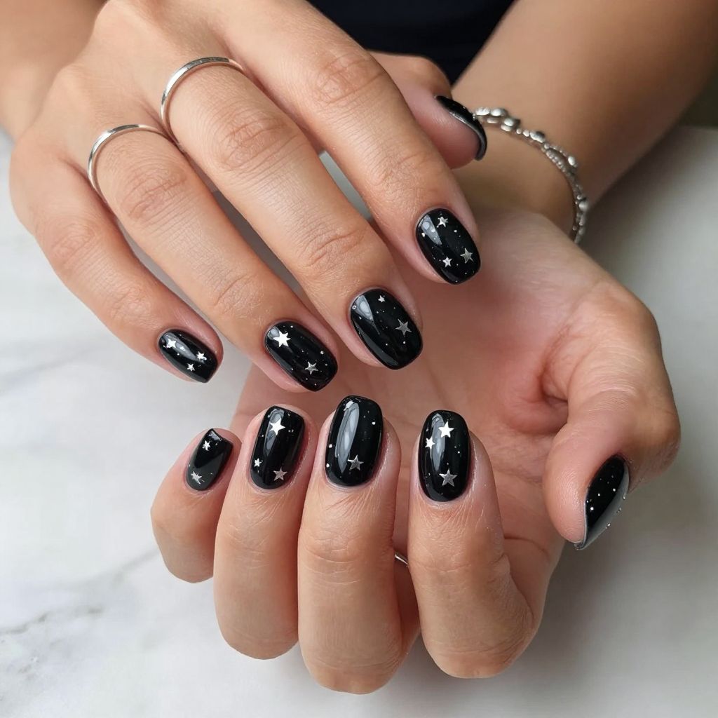 Metallic Silver Stars on Glossy Black