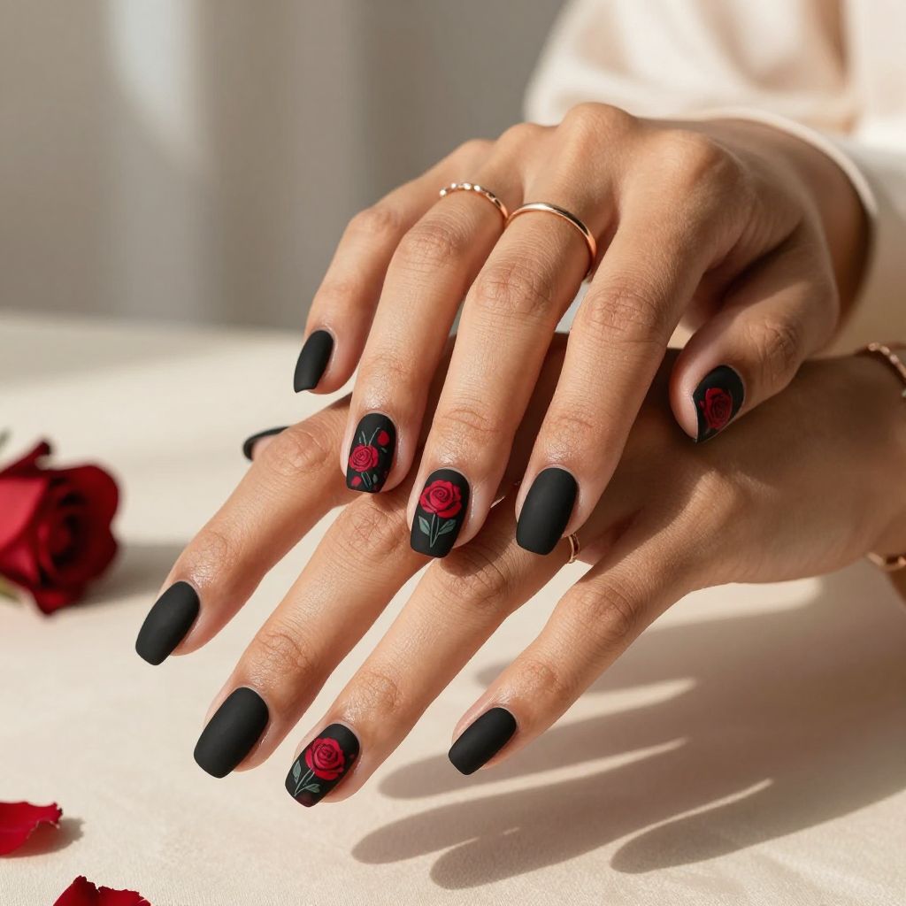 Black Matte Base with Hand-Painted Red Roses