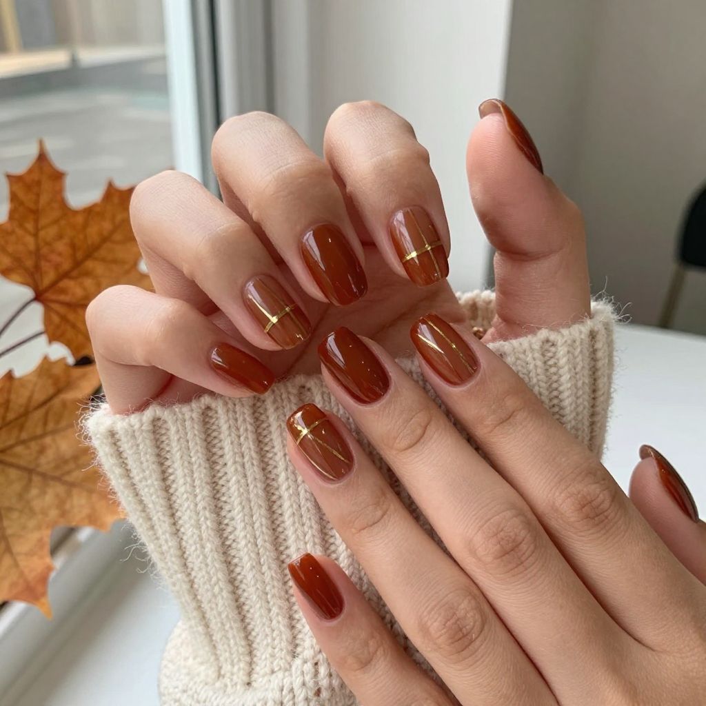Burnt Sienna Brown with Fine Gold Lines Nails