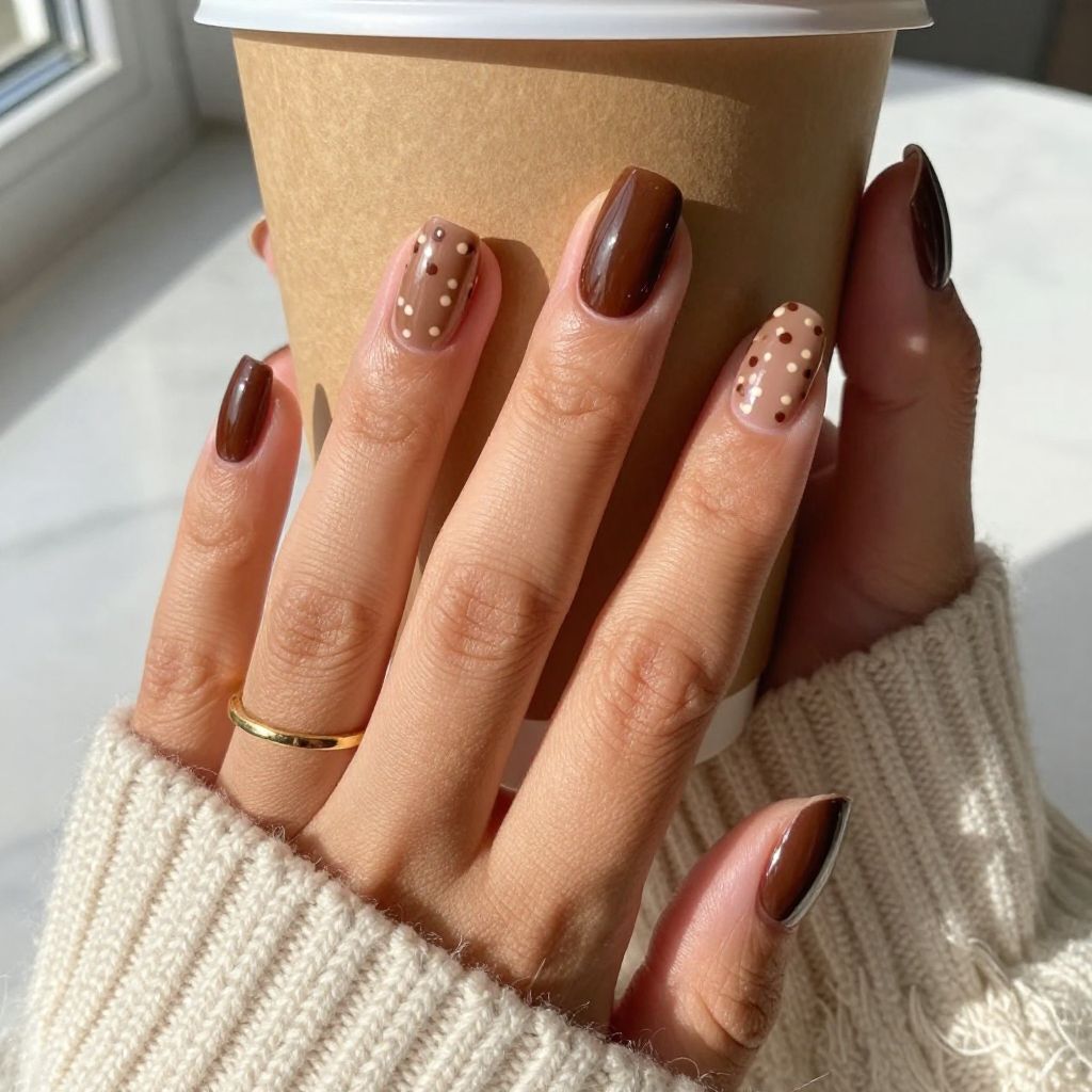 Glossy Espresso with Subtle Nude Dots Nails