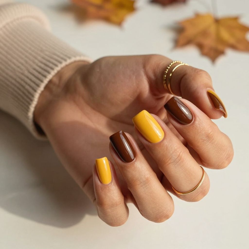 Two-Tone Dark Brown and Mustard Nails