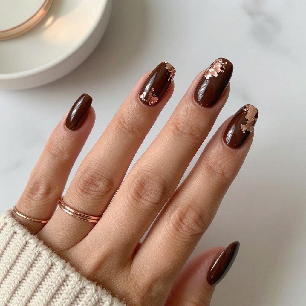 Chocolate Brown with Rose Gold Foil Nails