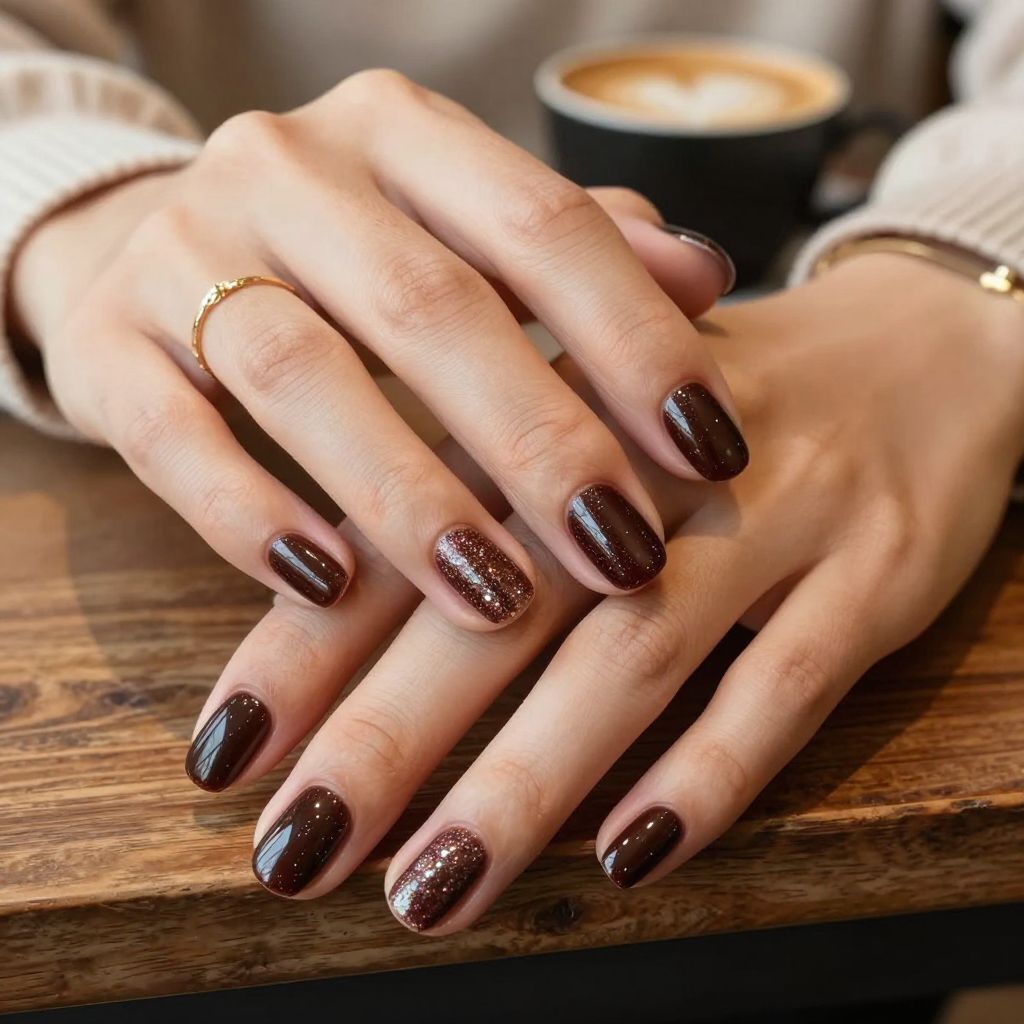 Dark Brown with Subtle Holographic Sparkle Nails