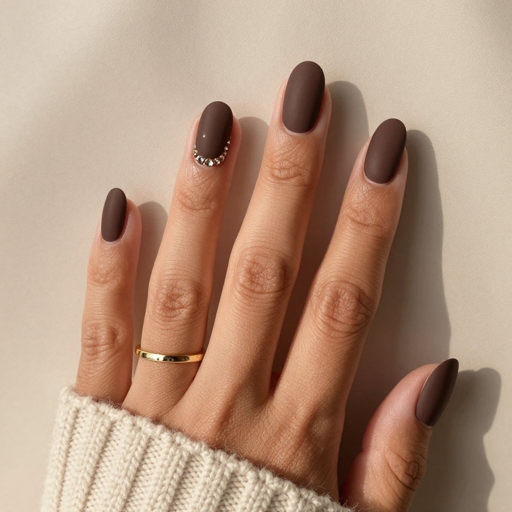 Matte Brown Plus Gemstone Accent Nails