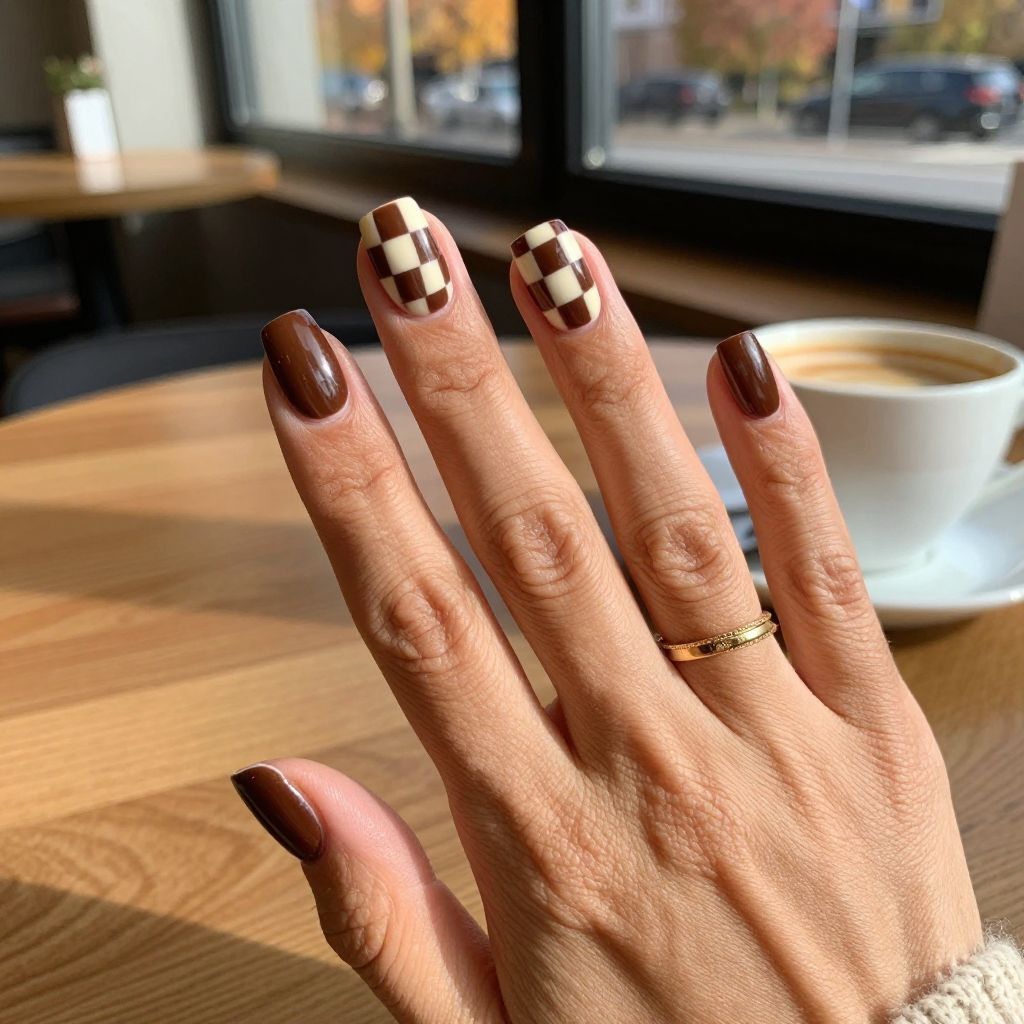 Brown and Cream Checkerboard Nails