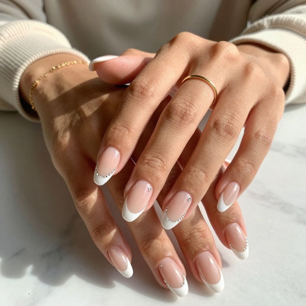 Crystal Embedded French Nails