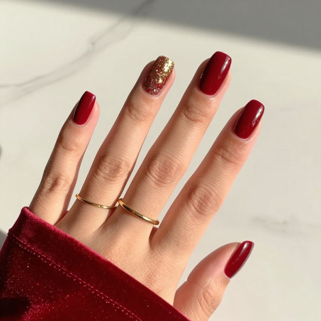 Scarlet Glow with Gold Glitter Accent Tips