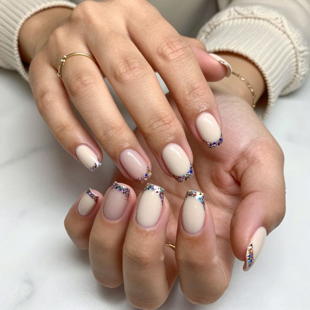 Nude Shores with Multicolor Glitter Tips