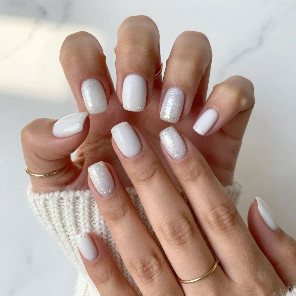 Icy White Glitter Tips with Pearl Sheen