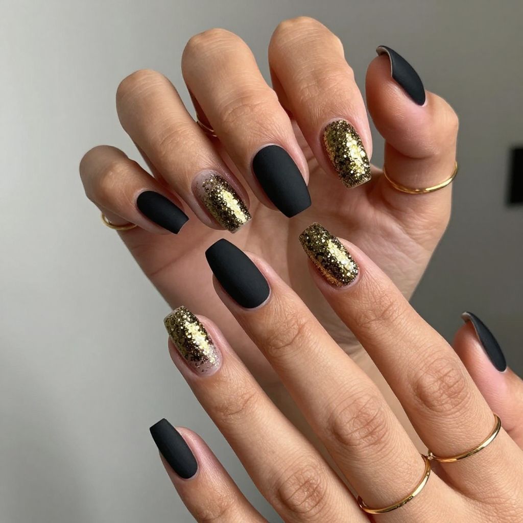 Matte Black and Gold Sparkle Tips