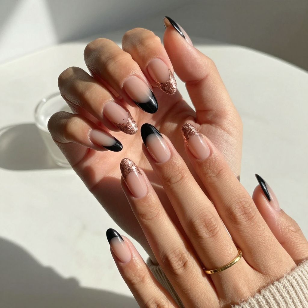 Black Ombre with Rose Gold Glitter Tips