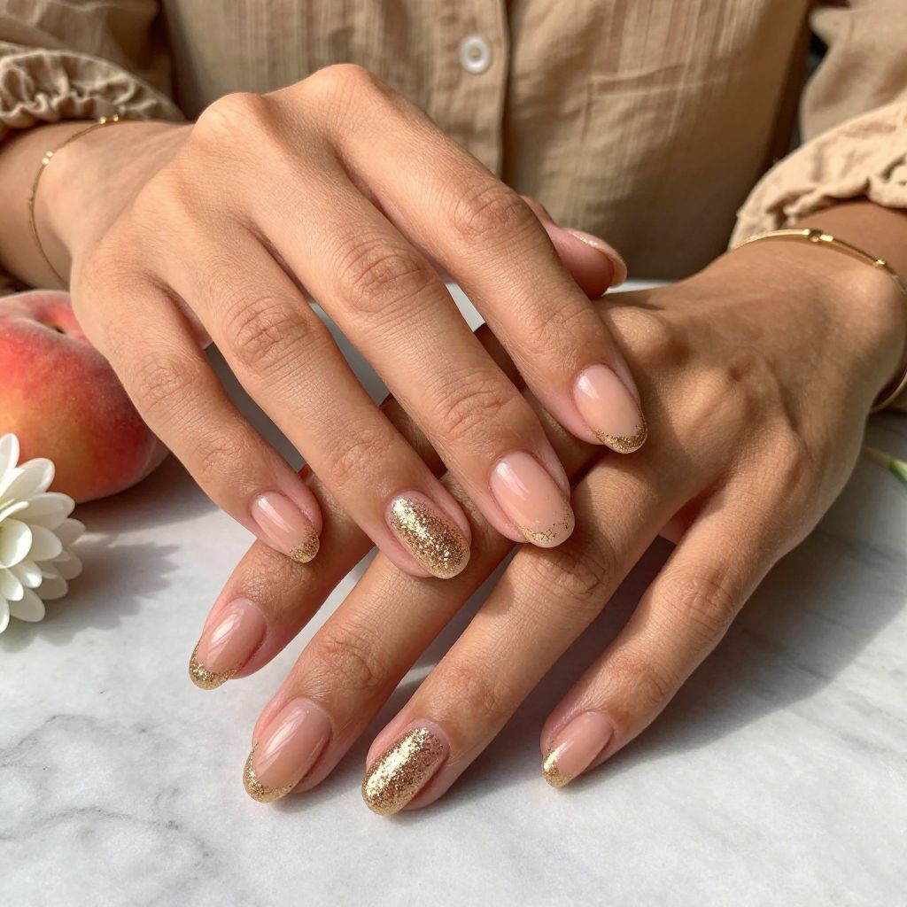 Peach Glow with Champagne Glitter Tips