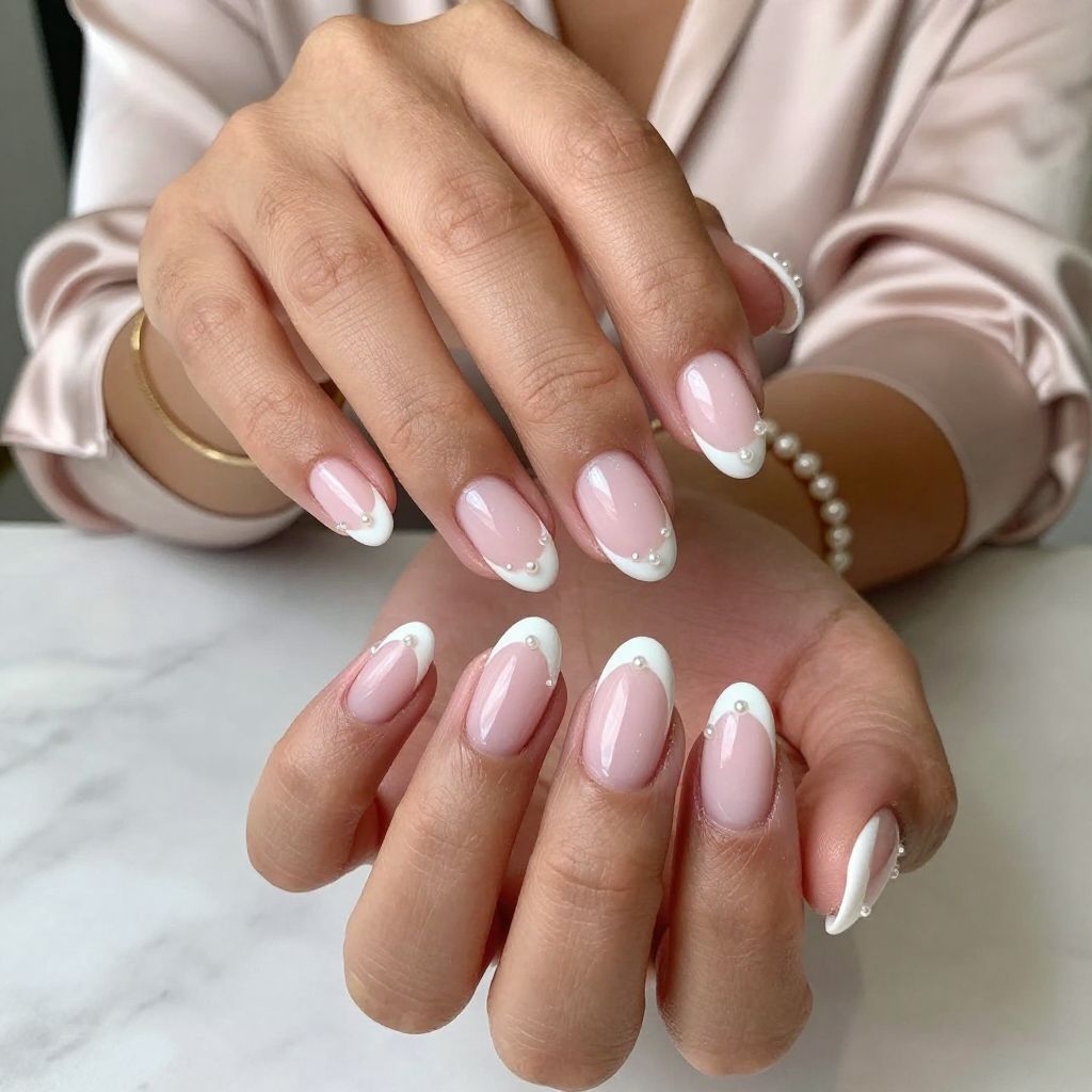 Light Pink French Tips with Pearl Studs