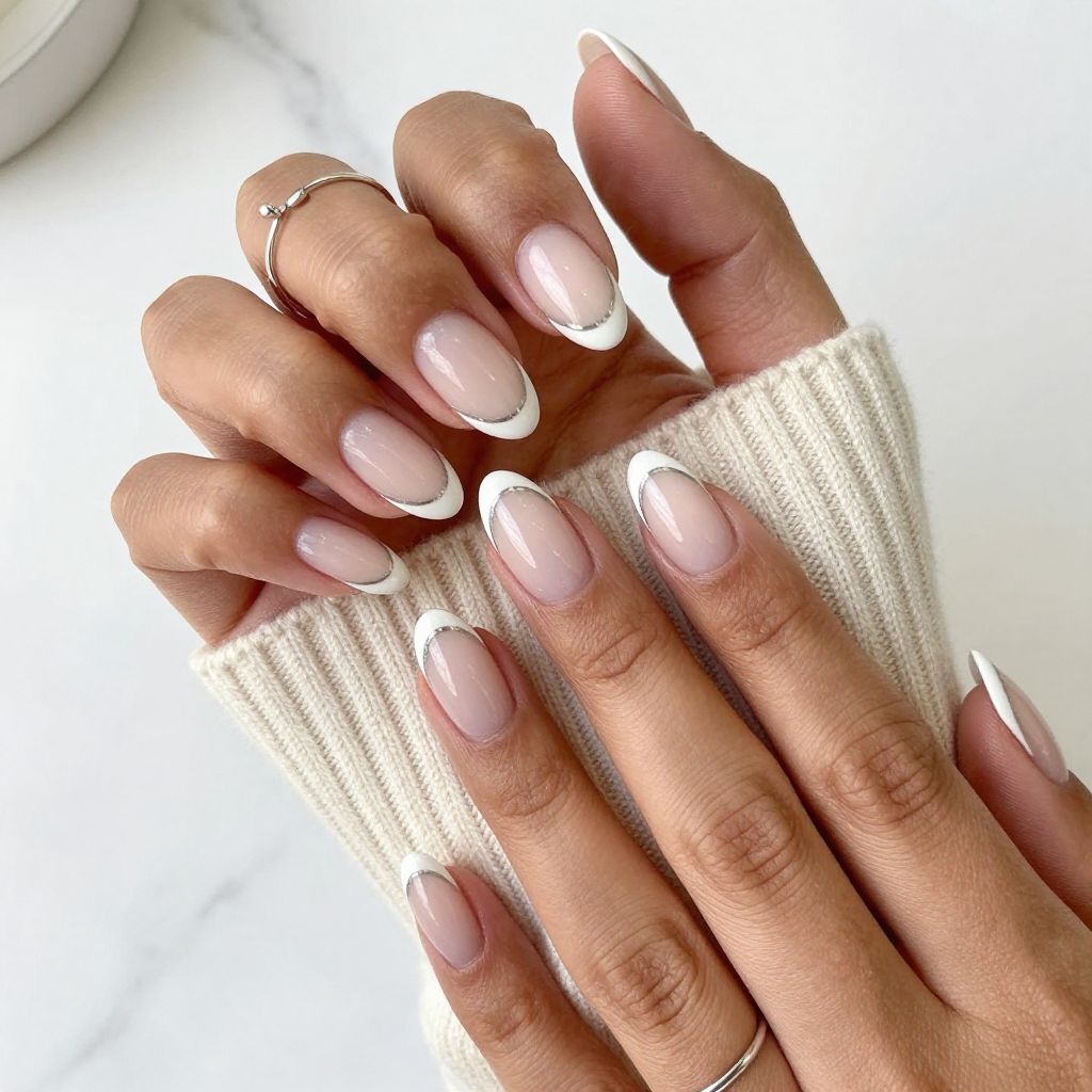 Milky White Tips with Thin Metallic Line