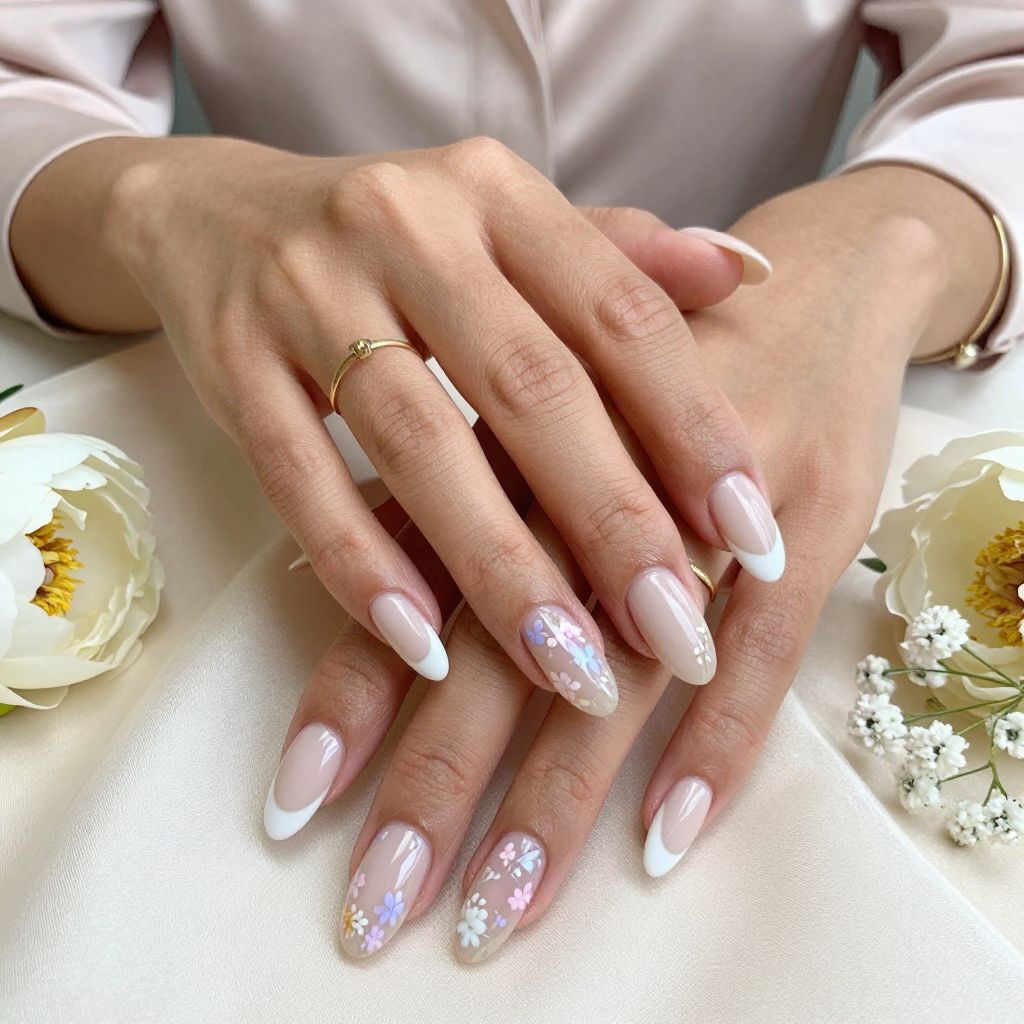 Milky White French with Floral Doodles