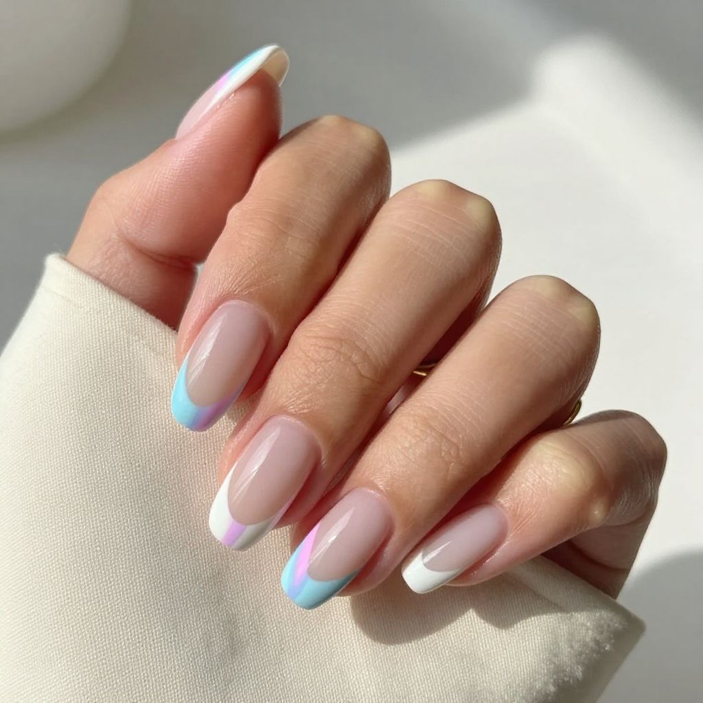 Milky White Tips with Thin Pastel Stripes