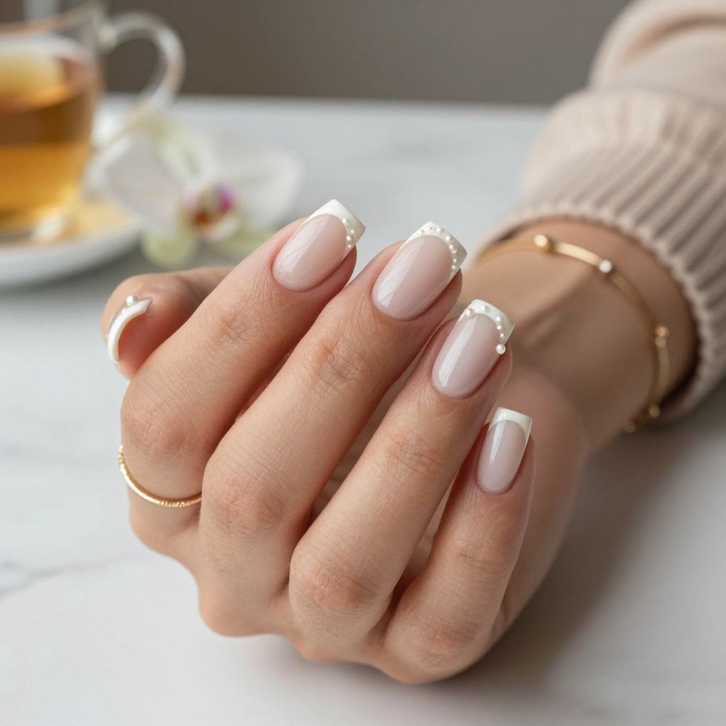 French Manicure with Tiny Pearl Accents