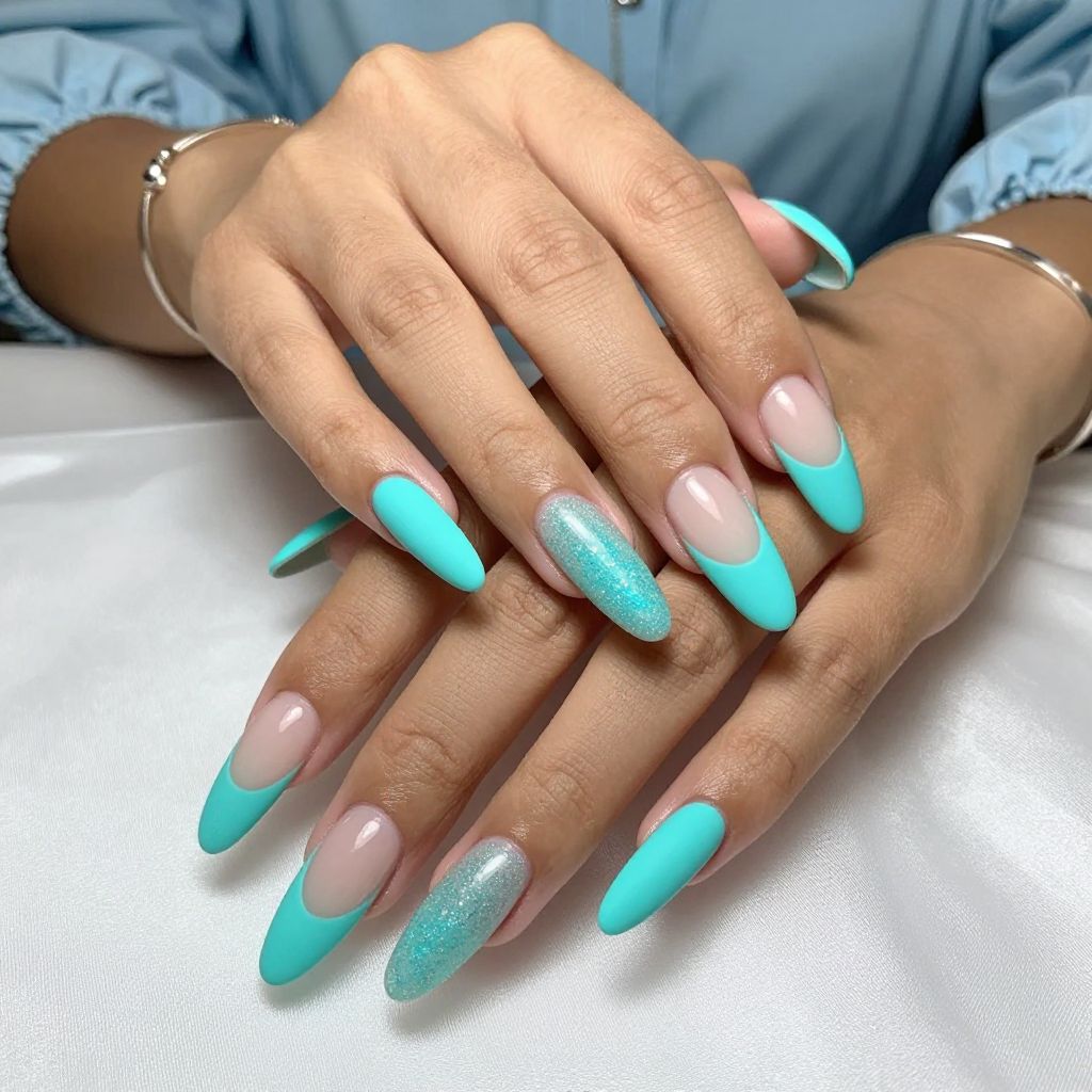Neon Turquoise Tips with Matte Glitter