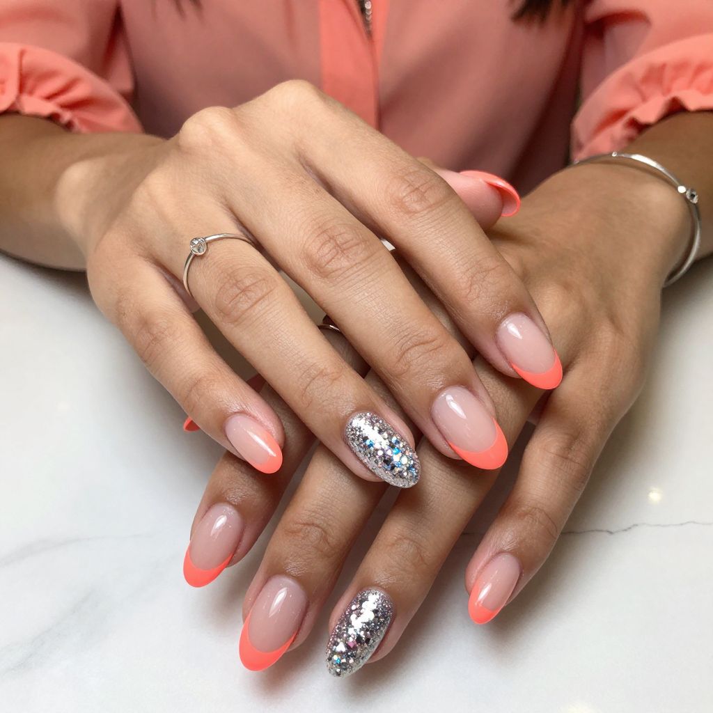 Neon Coral Tips with Glitter Accent