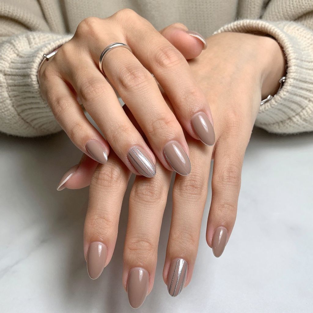 Taupe French Tips with Silver Lining