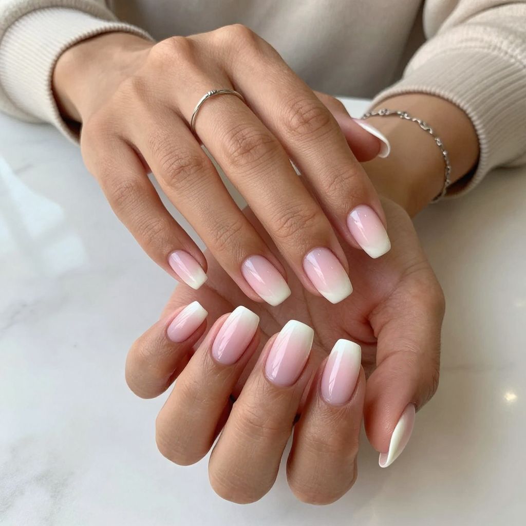 Minimalist White Tips on Pink Ombre Squoval Nails