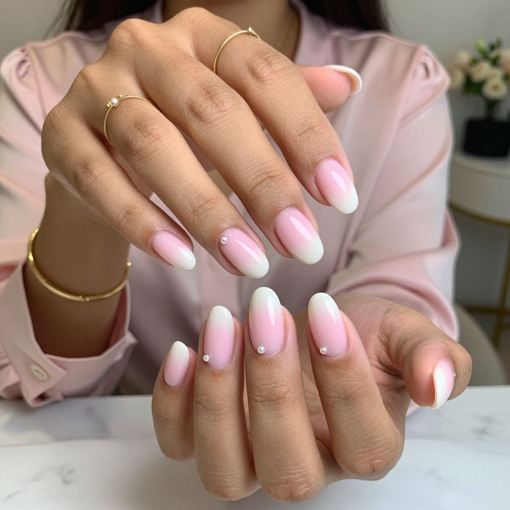 Glossy Oval Ombre with Pearl Accents