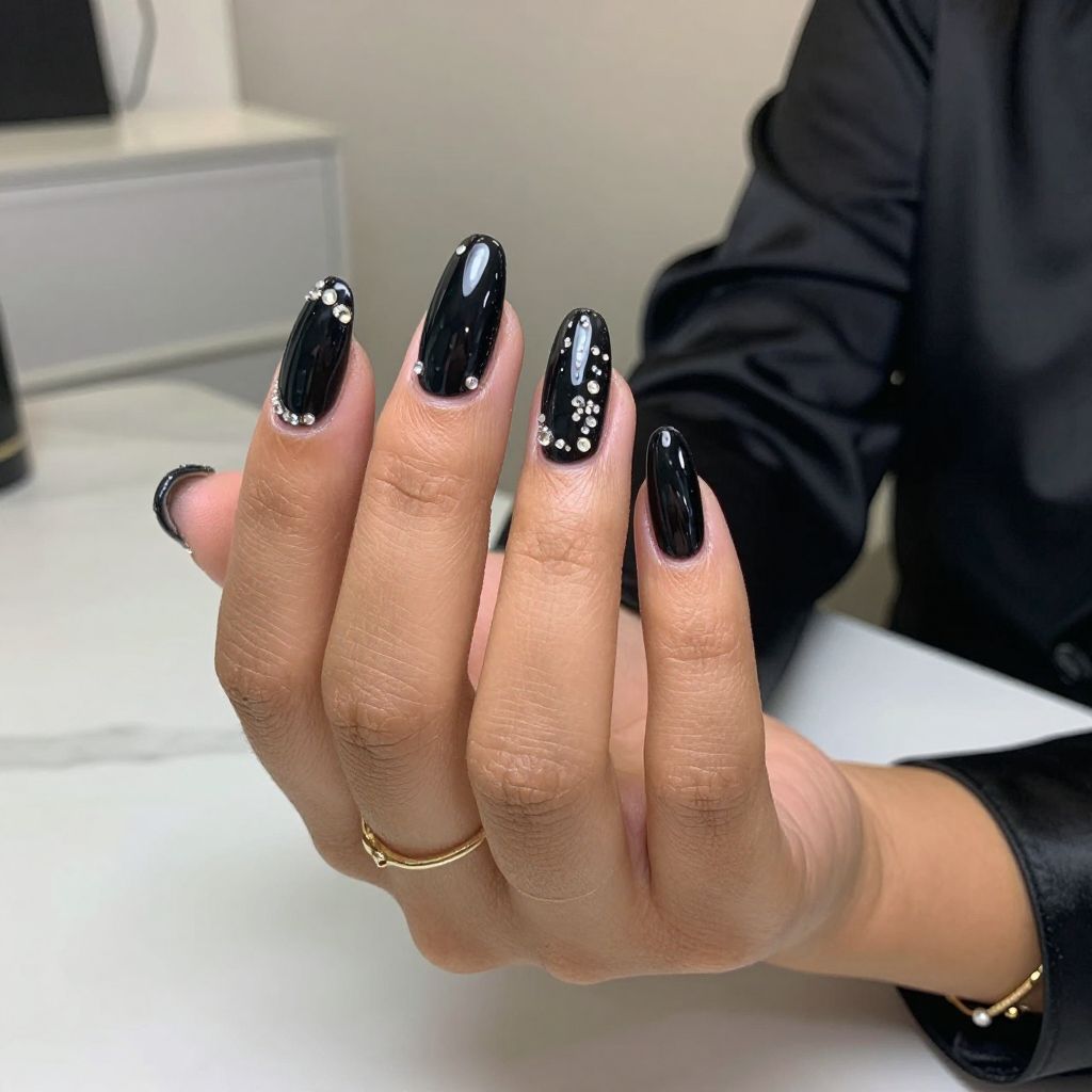 Lux Black with Gems Nails