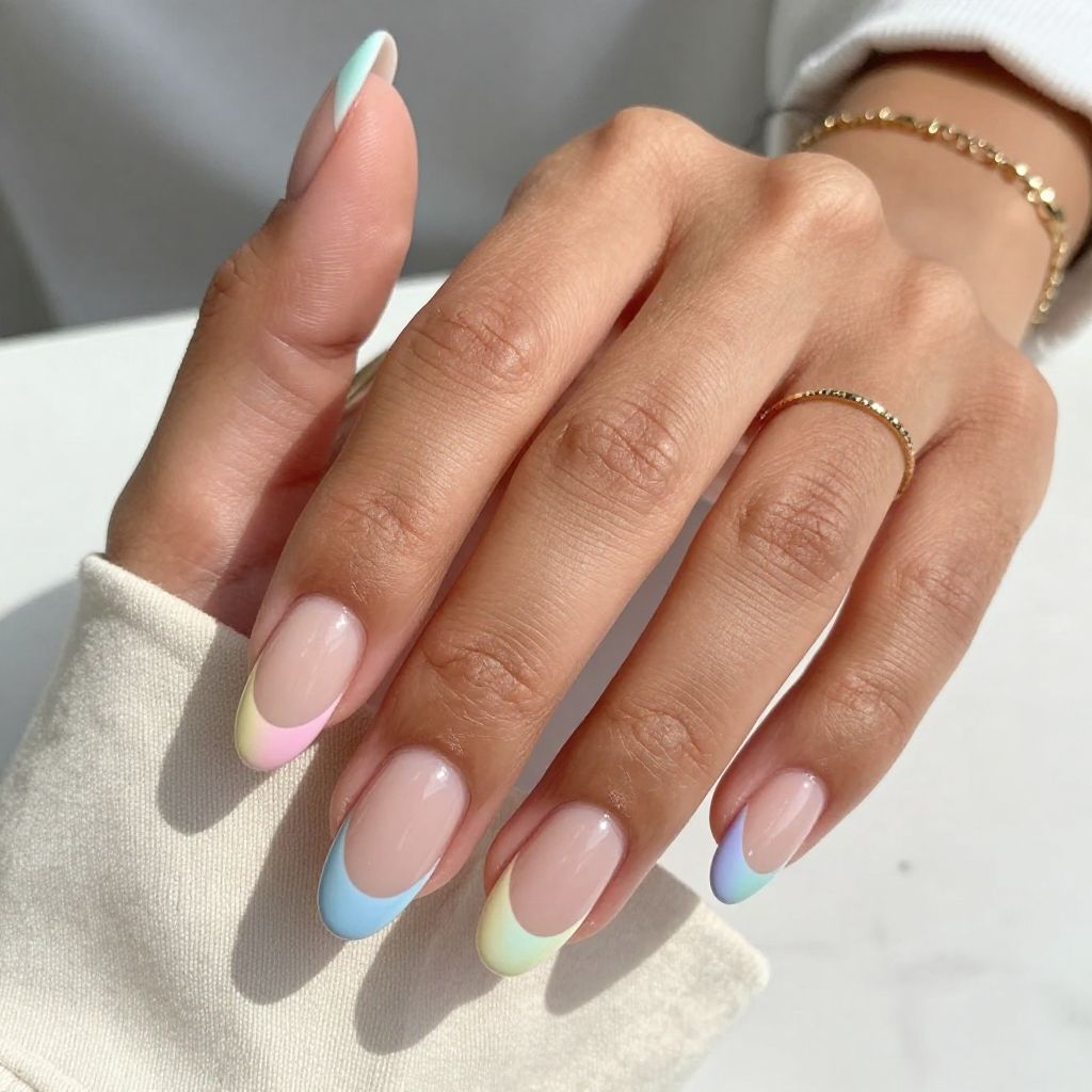 Nude Base with Pastel Rainbow French Half Moons