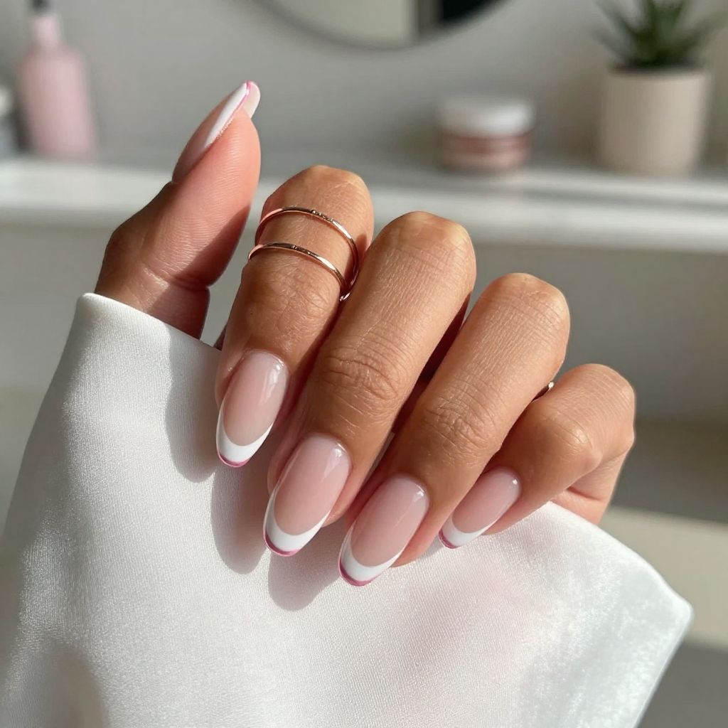 French Tips with Thin Metallic Pink Outline