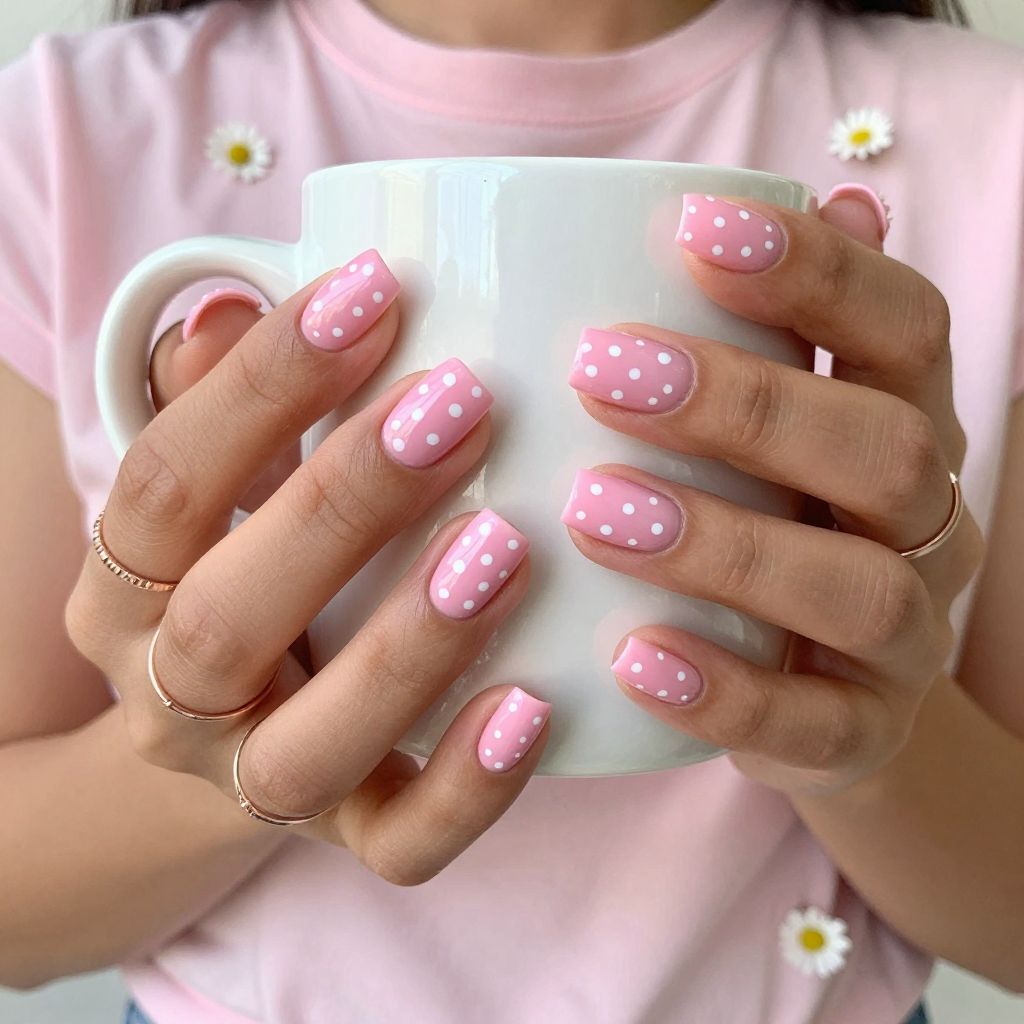 Glossy Pink Base with Tiny White Polka Dot Tips