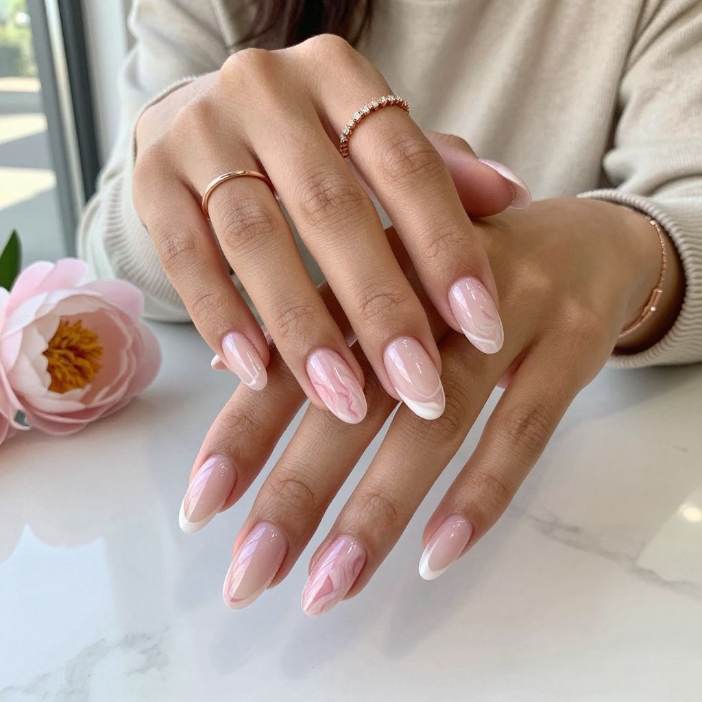 Sheer Pink and White Marble Effect Tips