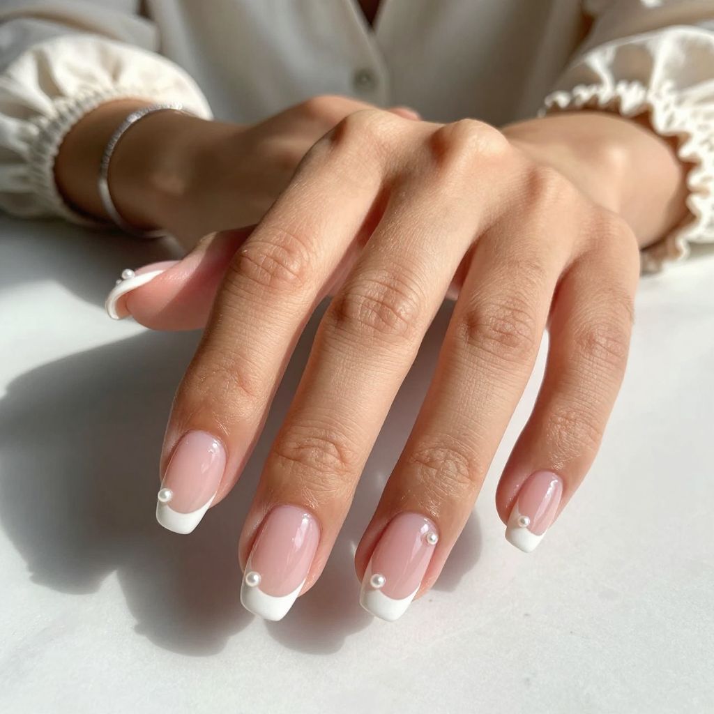 Sheer Pink with White French Tips and Small Pearls